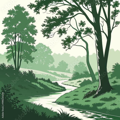 A serene landscape depicts a winding river flowing through a lush green forest showcasing a tranquil and idyllic natural scene high quality