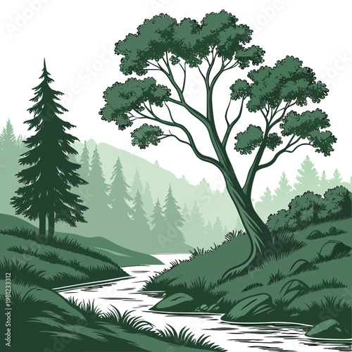 A serene landscape illustration depicts a winding river flowing through a lush green valley surrounded by dense forest trees high quality professional