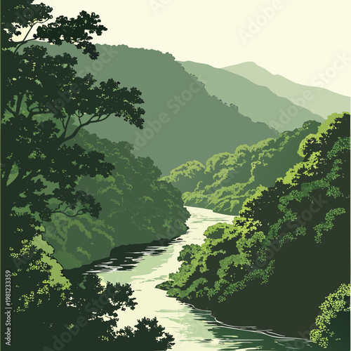 A stylized illustration depicts a lush green river valley winding through rolling hills and dense forestation bathed in warm light high quality