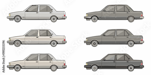 Six stylized sedan cars in varying shades of gray and white