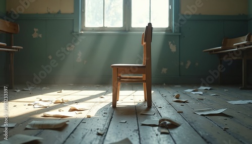 Empty child chair in abandoned classroom. Scattered papers rubbish worn wooden floorboards. Sunlight streams through window onto desolate learning space.
