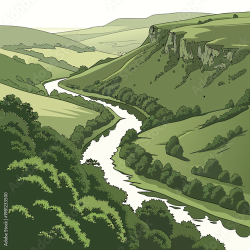 A vibrant illustration depicts a winding river flowing through a lush green valley framed by rolling hills and dramatic cliffs high quality