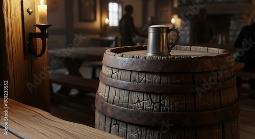 Metal tankard with beer foam sitting on a wooden barrel in a rustic medieval tavern with warm candlelight