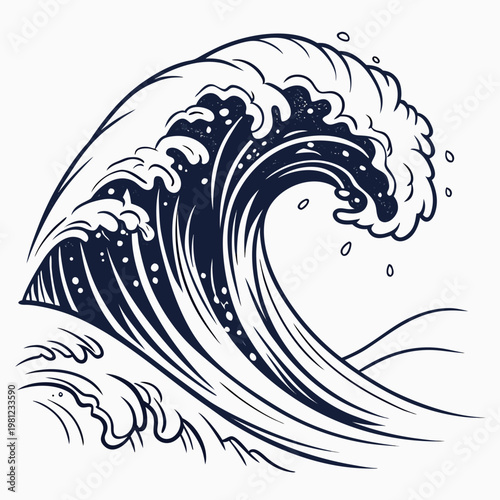 A stylized illustration depicts a large curling ocean wave with intricate details in a classic blue and white design high quality professional