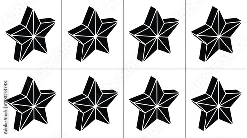 Eight black three dimensional star shapes with faceted sides displayed in two rows of four on a white background
