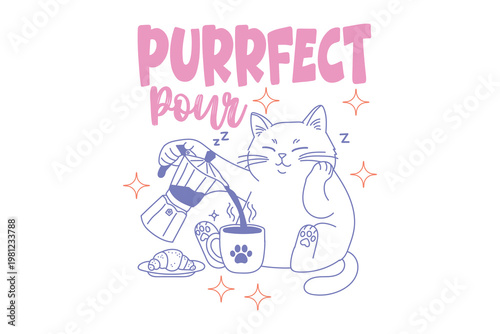 Purrfect brew adorable cat enjoying coffee a whimsical illustration
