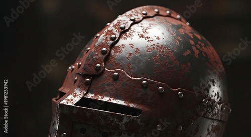Close-up of a rusty medieval knight helmet with rivets and weathered metal texture in a dark setting