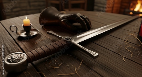 Medieval sword and leather gauntlet resting on a rustic wooden table in a dimly lit tavern with a candle
