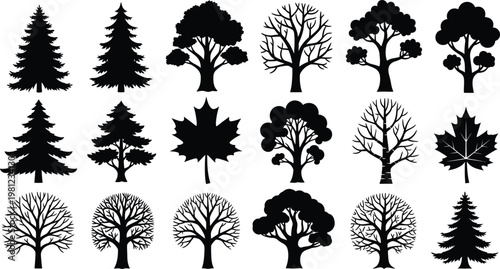 Collection of stylized black and white tree silhouettes in various shapes and sizes Vector