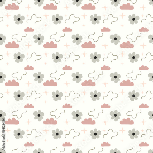 Minimalist Retro Floral Seamless Pattern with Abstract Clouds and Doodle Shapes in Soft Pastel Tones