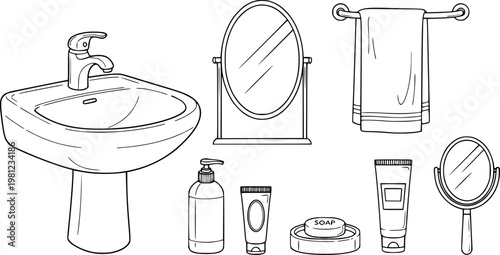Hand drawn bathroom including sink faucet towel soap dispenser and mirrors