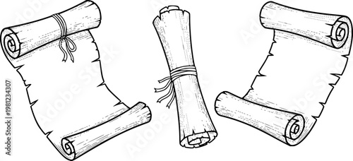 Vintage parchment scrolls tied with ribbons a white background paper