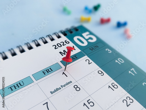 1st May 2026 marked on calendar with red push pin