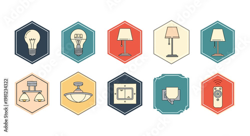 Collection of lamp icons in hexagons.