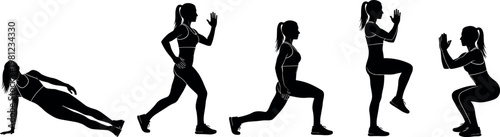 Woman fitness exercise silhouette vector set with workout poses lunges squats plank and active training illustration
