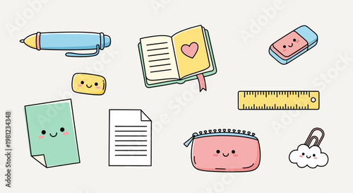 Colorful school supplies with smiling faces.