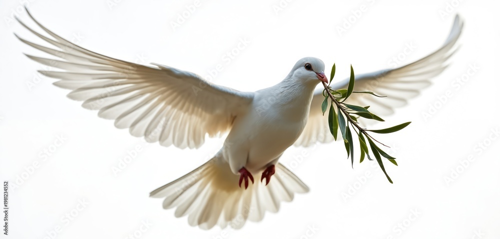 Fototapeta premium White dove flies with green olive branch in beak. Bird wings spread wide against bright light. Symbol of peace hope freedom nature. Minimalist pure bird imagery.