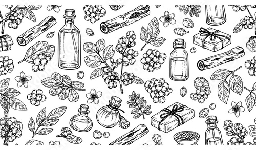 Lodhra Symplocos Seamless Pattern Herbal Spa Cosmetic Vector Design