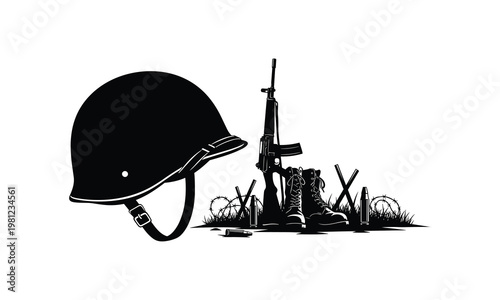 Military helmet, rifle, boots, ammunition, barbed wire silhouette, vector