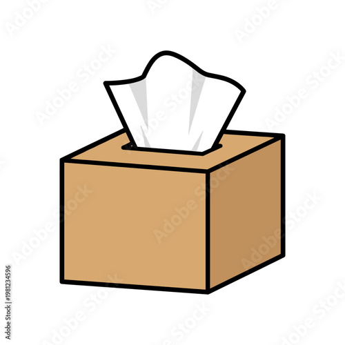 A brown tissue box with a white tissue emerging from the top, ready for use.