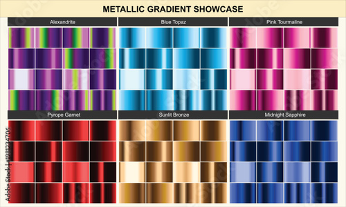 Metallic gradient swatches set. Featuring bronze sapphire garnet and topaz colors. Vector texture for design.