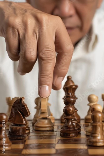 A mature Asian man moves a dark bishop piece on a wooden chessboard. The image features a close up view, warm natural lighting, and a focused composition on the hand and pieces
