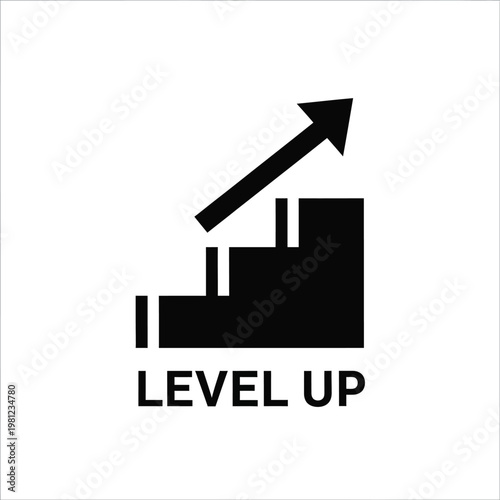 A black arrow points upwards climbing stairs alongside the text level up in bold capital letters high quality professional