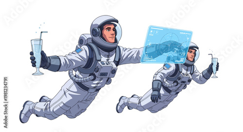 Astronauts floating in space with cocktails and glass