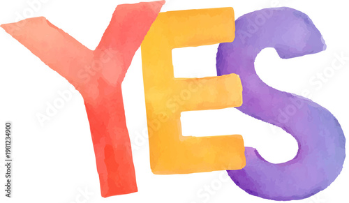 Watercolor colorful hand-drawn cartoon word YES