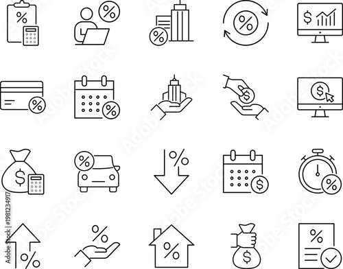 Obraz na plátně Financial interest rate loan vector icon set, percentage, calculator, calendar,