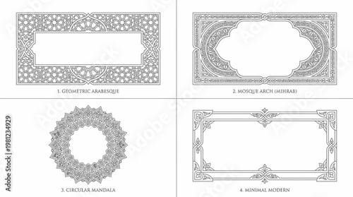 Islamic Wedding Frame Vector Set – 4 Elegant Geometric Border Designs in Clean Grid Layout