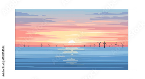 Serene sunset over calm ocean with wind turbines in distance