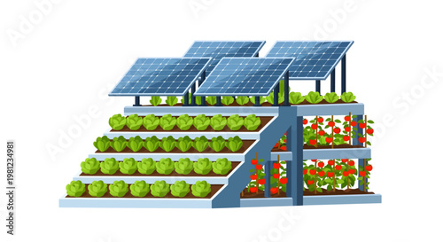 Sustainable solar powered vertical farm with solar panels and plants