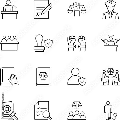 Law and justice vector line icon set, scales, handcuffs, judge, law book, police, contract, oath, prisoner
