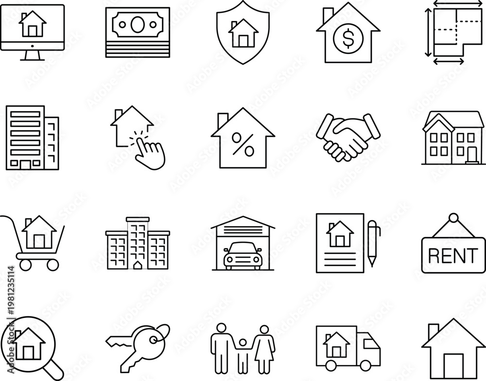 Fototapeta premium Real estate property housing vector line icon set, house, keys, money, contract, rent, handshake, building, family, moving
