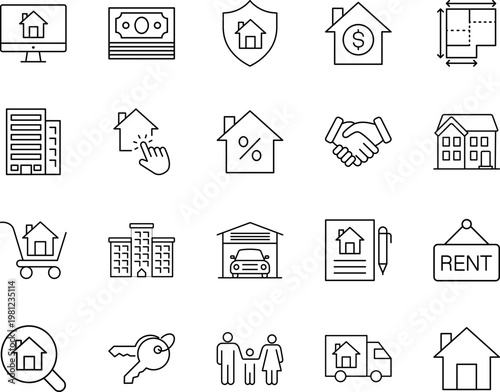 Real estate property housing vector line icon set, house, keys, money, contract, rent, handshake, building, family, moving