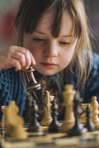 A focused preteen girl is playing chess indoors, her hand reaching for a piece. The image features a close up portrait with soft, natural lighting, highlighting her concentration