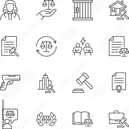 Law and justice vector icon set, scales, gavel, judge, prison, document, gun, dispute