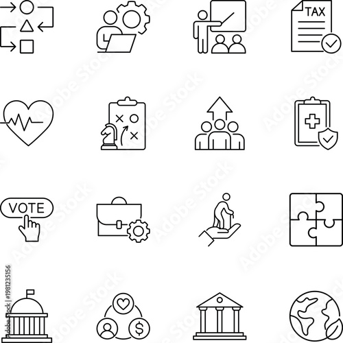 Modern business, social, and government vector icons, tax, heartbeat, strategy, growth, medical, vote, briefcase, puzzle, government, environment