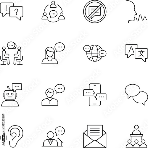 Communication and conversation vector icon set, chat, dialogue, translation, voice, chatbot, email, meeting, mobile, listening, speaker