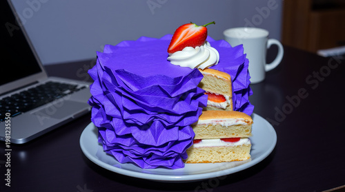 High-quality stock photo of vanilla sponge cake with white cream and strawberry filling on a white plate, modern office desk 