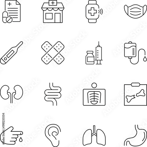 Medical healthcare and anatomy line icon set, syringe, thermometer, mask, bandage, xray, lungs, kidney, pill