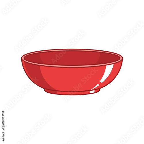 A simple, empty, and glossy red ceramic bowl is presented on a plain white background.