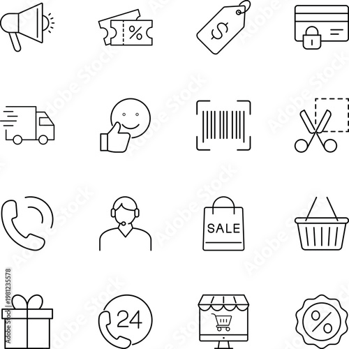 E-commerce and online shopping vector icon set, coupon, delivery, shopping bag, credit card, customer support, gift, barcode, megaphone, online store