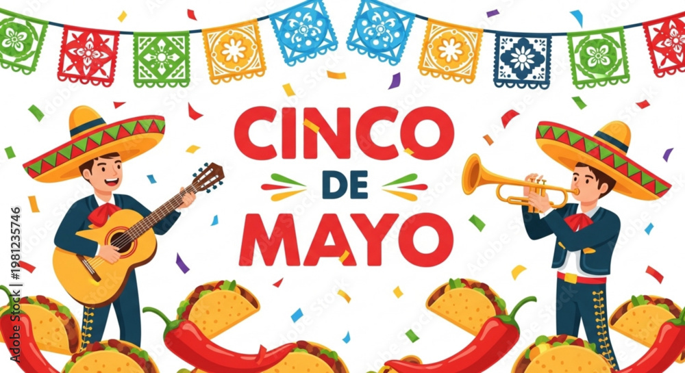 Fototapeta premium Cinco de mayo celebration with musicians and traditional mexican food
