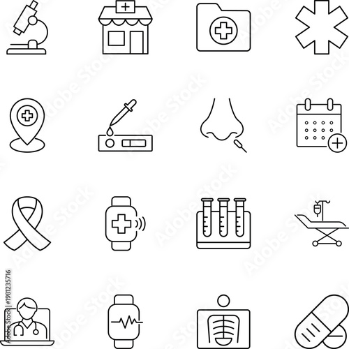 Medical and healthcare vector icon set, microscope, pharmacy, test kit, doctor, pill, x-ray, ribbon