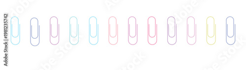 Colorful paper clip icons set transparent outline stationery clips isolated on white background.