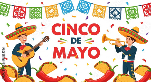 Cinco de mayo celebration with musicians and traditional mexican food