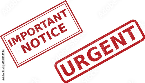 Important notice and urgent red rubber stamp set isolated on white background.