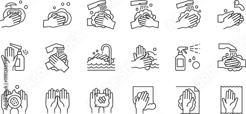 Handwashing and Hygiene Icon Set Featuring Soap, Water, Sanitizer, and Cleaning Symbols for Health and Safety Illustrations